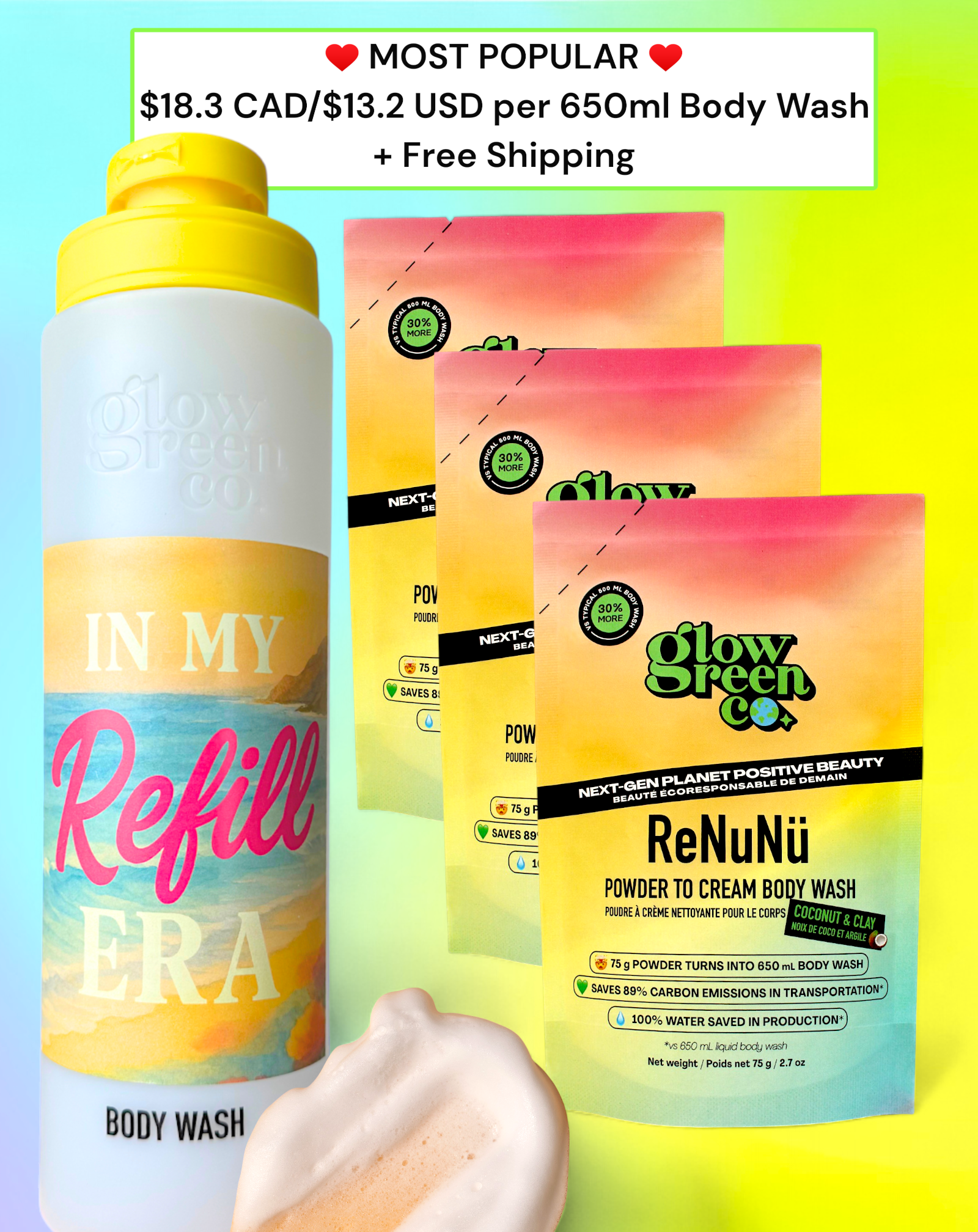 ReNuNü Refillable Powder to Cream Body Wash Kit - Coconut & Clay
