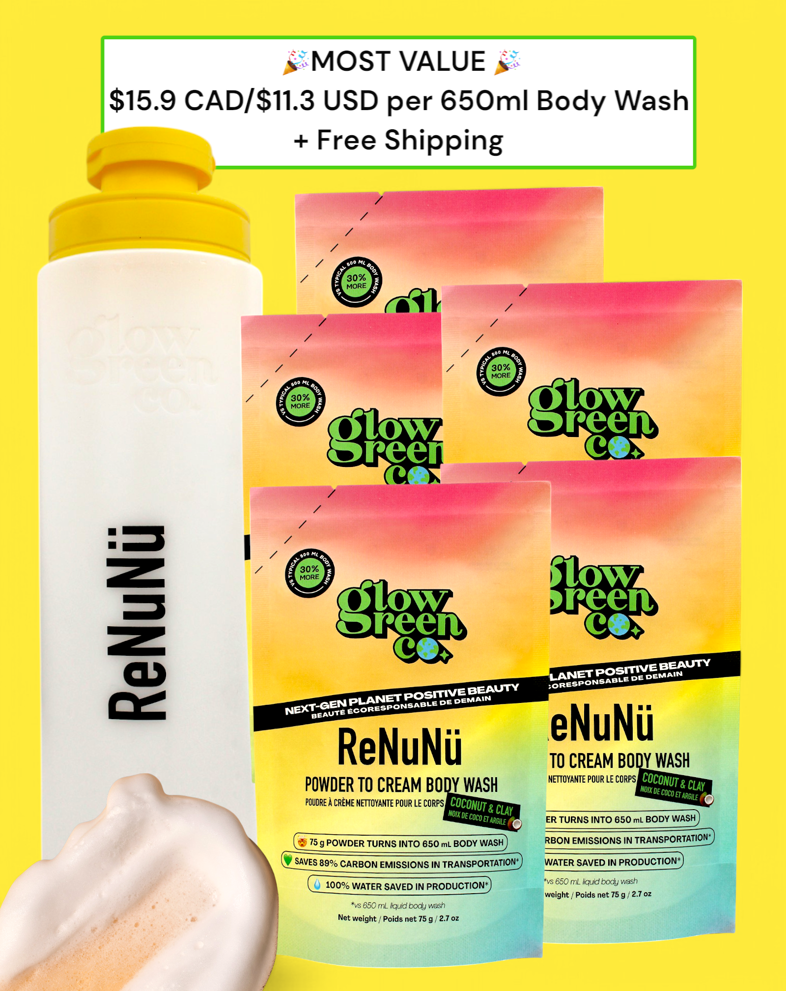 ReNuNü Refillable Powder to Cream Body Wash Kit - Coconut & Clay