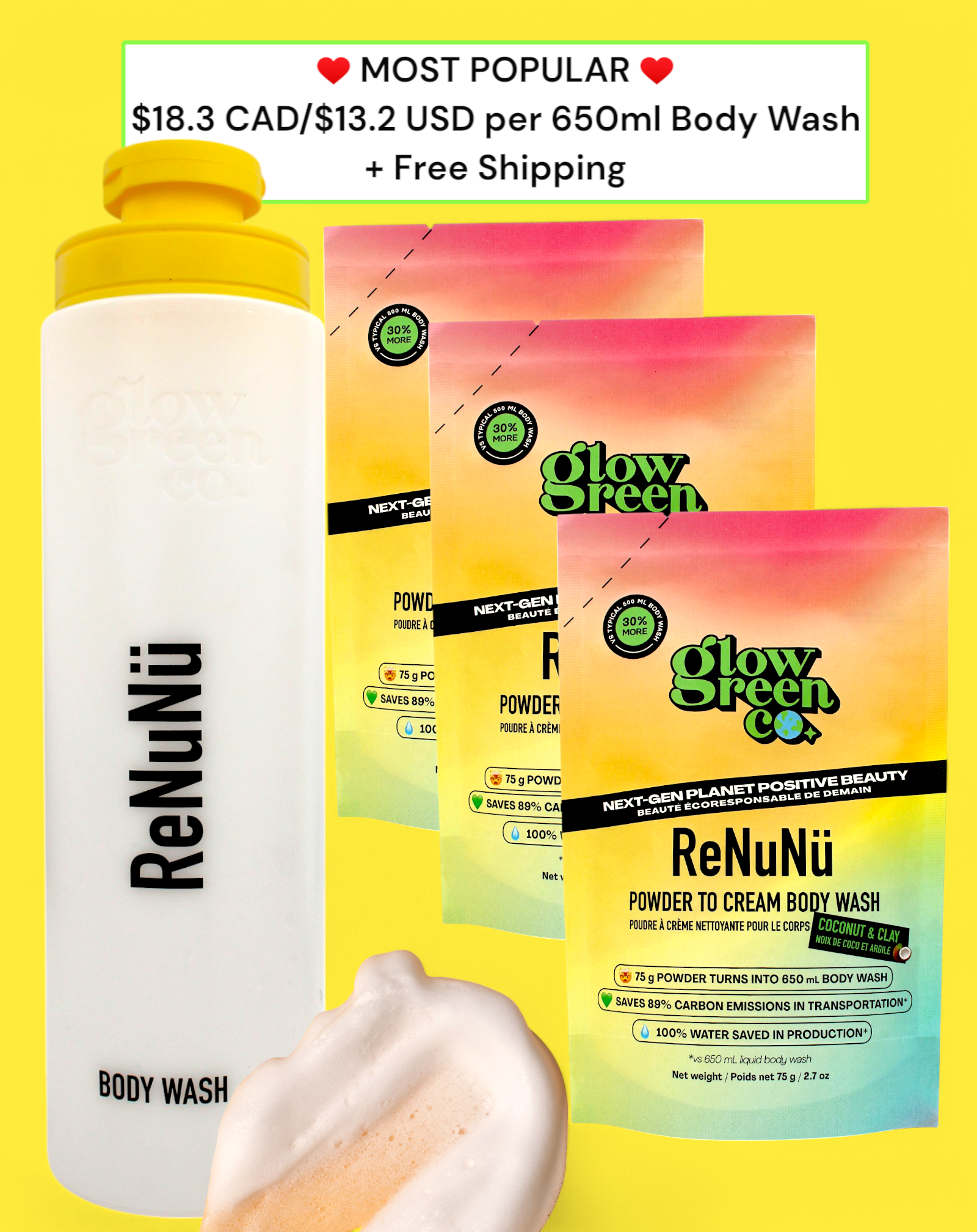 ReNuNü Refillable Powder to Cream Body Wash Kit - Coconut & Clay