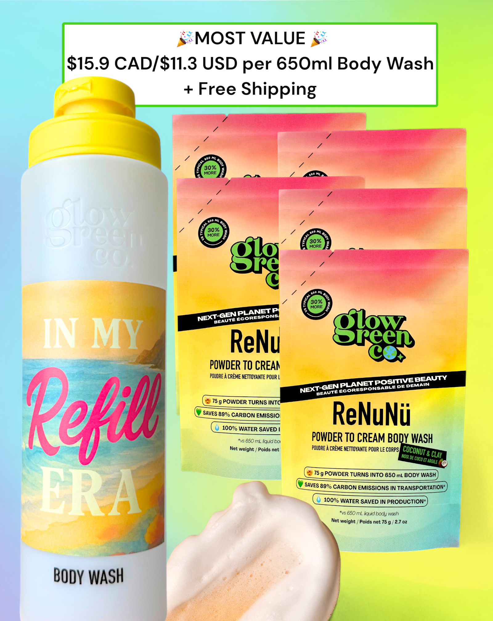 ReNuNü Refillable Powder to Cream Body Wash Kit - Coconut & Clay